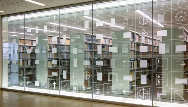 Modern library glass partition with white navigation decals revealing book stacks