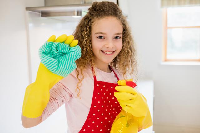 Young girl with curly hair wearing red apron and yellow gloves, holding a napkin and spray bottle, smiling in a bright kitchen. Ideal for content related to household chores, cleanliness, hygiene, and teaching children responsibility. Perfect for blogs, articles, and advertisements focused on home cleaning products and family activities.