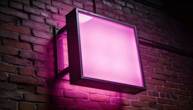 Glowing metal-framed light box casting magenta wash on exposed brick wall with conduit