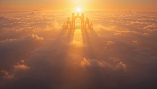 Majestic Palace Above Clouds with Radiant Sunrise
