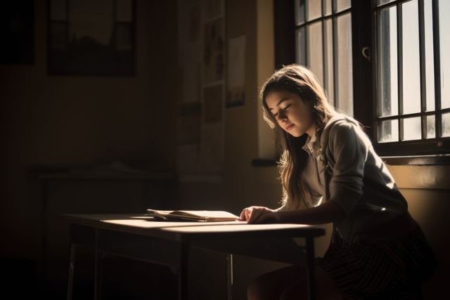 Young girl reading book at desk by large sunlit window. Peaceful expression, focused on learning. Scene perfect for illustrating education, childhood concentration, or serene study environment. Ideal for school-related content, literacy campaigns, or tutoring services.