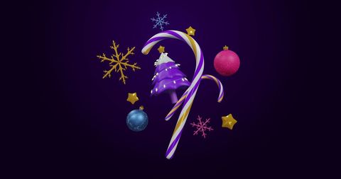 The composition depicts colorful Christmas elements like snowflakes, candy cane, stars, and a bauble with a festive tree at the center. This dynamic design is ideal for use in holiday promotional materials, greeting cards, or festive digital designs capturing the spirit of Christmas celebration.