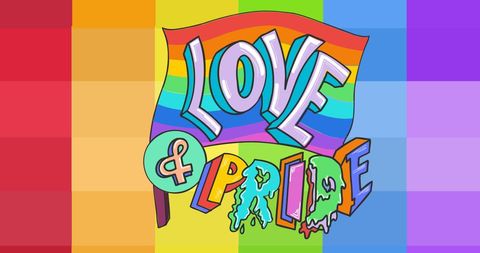 Colorful Love and Pride Text with Rainbow Flag