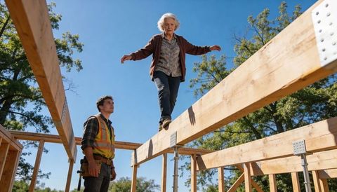 Senior woman balancing on beam while worker in safety vest guiding home framing
