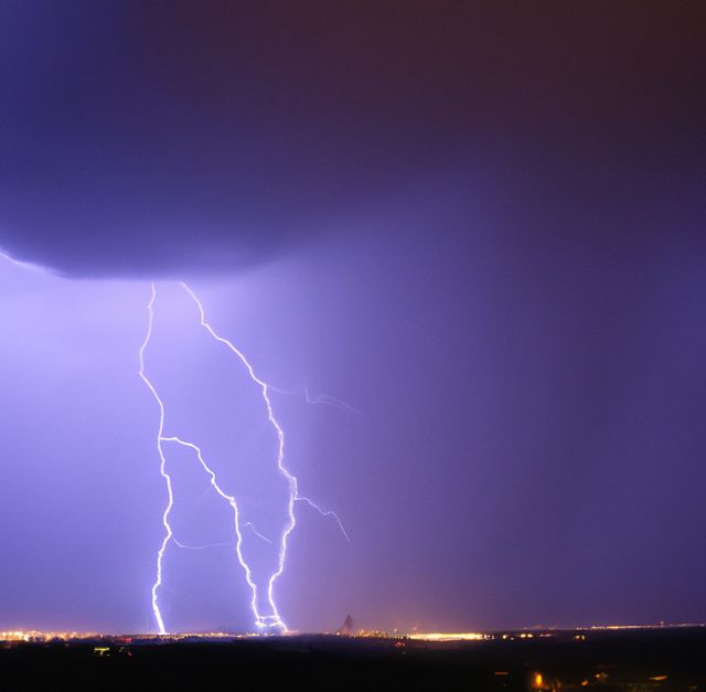 Image of thunder lightning against purple stormy sky with copy space. Nature, storms and weather concept.