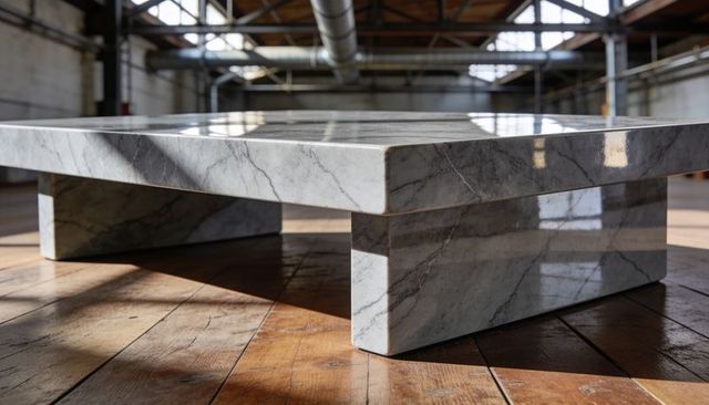 Polished marble platform reflecting skylight in industrial loft with hardwood floorboards