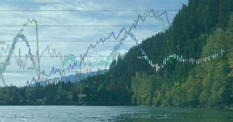 Tranquil Mountain Lake with Financial Graph Overlays