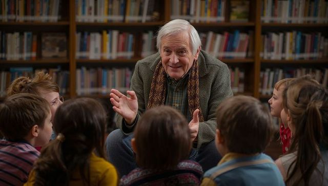 Senior mentor captivating children with storytelling in library