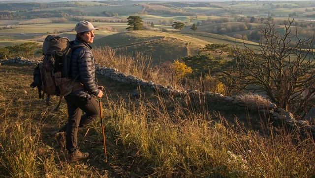 Solo hiker standing on ridge overlooking sunlit rolling countryside at golden hour