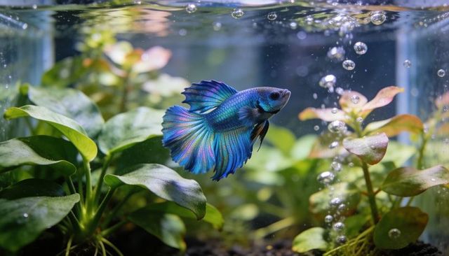 Swimming male betta displaying iridescent blue-green metallic fins in planted aquarium