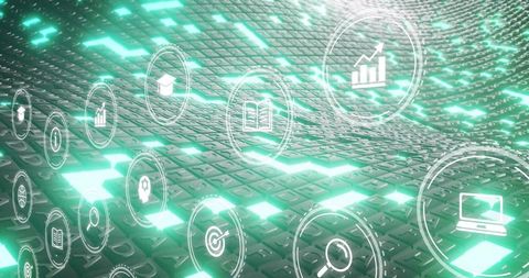 Futuristic Icons Floating Over Green Neon Keyboard Tiles