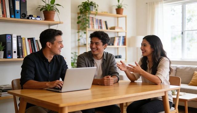 Young professionals collaborating around laptop in bright home office for remote teamwork