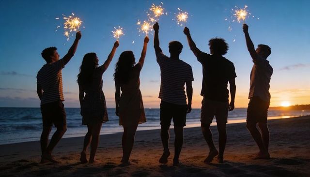 Friends holding sparklers on beach at sunset celebrating summer night together