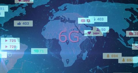 6G Global Network Visualization with Floating Notification Badges and Neon World Map