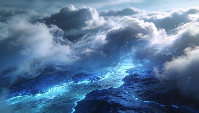Glowing blue fissure carving rocky canyon beneath billowing clouds with neon luminescence