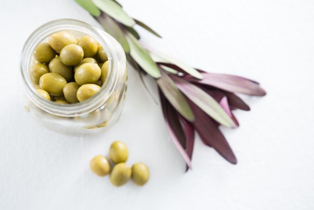 Jar of Preserved Olives with Olive Branch on White Background - Download Free Stock Photos Pikwizard.com