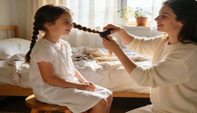 Mother brushing young girl braids in sunlit cozy bedroom morning routine nurturing care