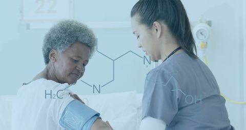 Healthcare Professional Taking Pulse of Senior Patient with Overlaid Chemical Structure