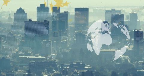 Futuristic Globe Overlay on Urban Skyline with Digital Effects