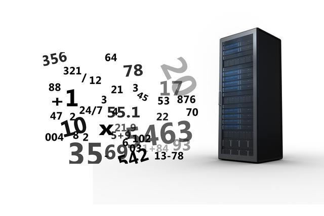 This image depicts a data center server with floating numbers, symbolizing data processing and digital information. Ideal for use in technology-related content, articles on data management, cloud computing, cybersecurity, and IT infrastructure.