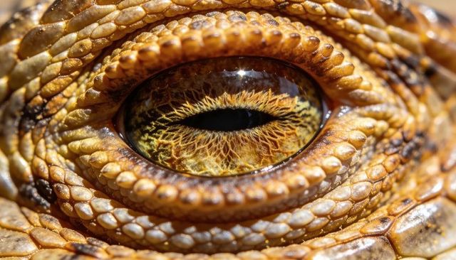 Extreme macro reptile eye showing textured scales and vertical slit pupil in golden tones