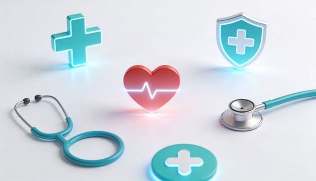 Glowing heart floating with medical icons for healthcare branding, cardiology, telemedicine