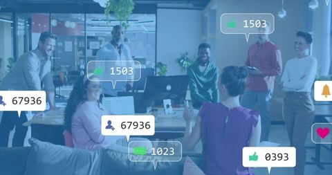 Woman leading team in open office with social media engagement overlays