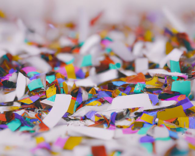 Abstract close-up of colorful confetti fragments, perfect for celebrating various events like birthdays, weddings, and holidays. Ideal for use in party invitations, festive backgrounds, and marketing materials that require a joyous and celebratory theme.