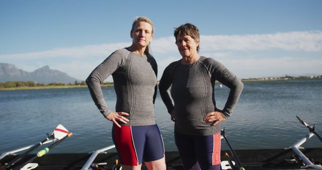 Portrait of two senior caucasian women standing by a river. sport retirement leisure hobbies rowing healthy outdoor lifestyle.