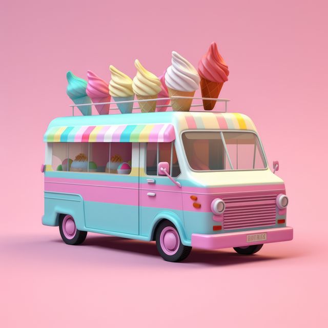 Pink and blue retro ice cream truck on pink background, created using generative ai technology. Ice cream truck, summer and vintage concept digitally generated image.