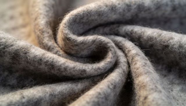 Spiral grey wool fabric unfolding, macro texture showing soft nap and tactile fibers