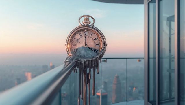 Surreal melting clock at dawn overlooking urban landscape