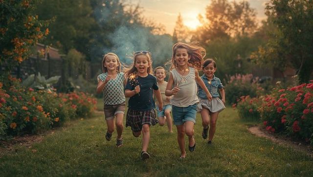 Joyful group of girls running with sparklers in lush backyard