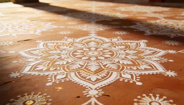 Sunlit intricate white and gold rangoli mandala on terracotta floor with dramatic shadows