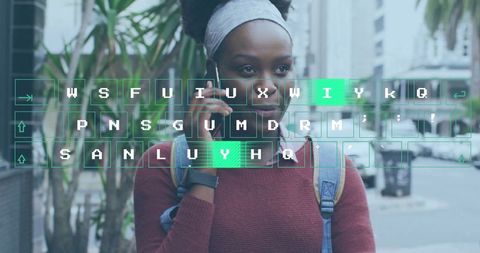 Woman walking and talking on phone with futuristic digital overlay