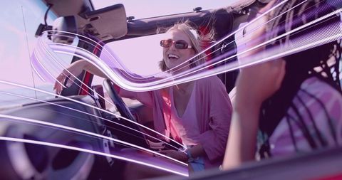 Joyful Drive in Convertible with Neon Effects