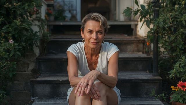 Confident middle-aged woman relaxing on front steps wearing white tee and gold hoops