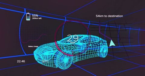 Futuristic wireframe car in digital 3d tunnel with hud elements