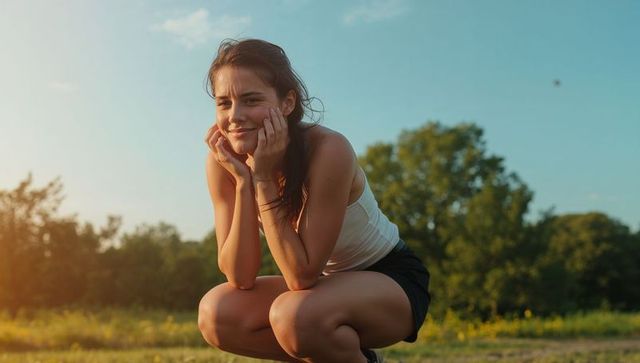 Sunlit young woman squatting on meadow, smiling, casual fitness, summer outdoor lifestyle
