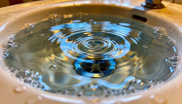 Close-up ripple forming in ceramic sink water reflecting blue light over drain