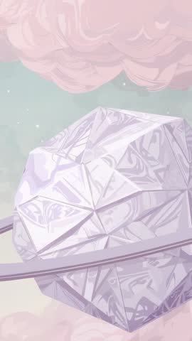 Vertical fantasy video: purple crystal orb rotating in pastel pink clouds with orbit ring
