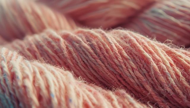 Close-up of peach-colored wool yarn with fluffy fibers