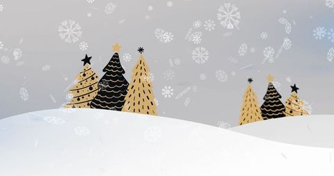 Minimalist christmas trees on snowy landscape with falling snowflakes