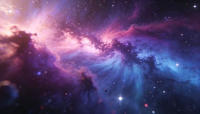 Vibrant Purple Blue Emission Nebula Swirling Across Space with Dark Filaments and Sparkling Stars