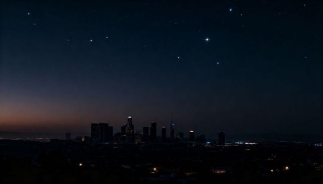 Dusk City Skyline Silhouette with Starry Sky, Lit Spire and Tranquil Urban Panorama