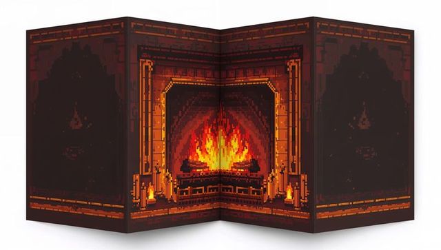 Three-panel pixel-art fireplace folding screen with glowing hearth and retro game flames