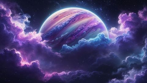 Spectacular venus cosmic scene with ethereal purple nebula surrounding gas giant
