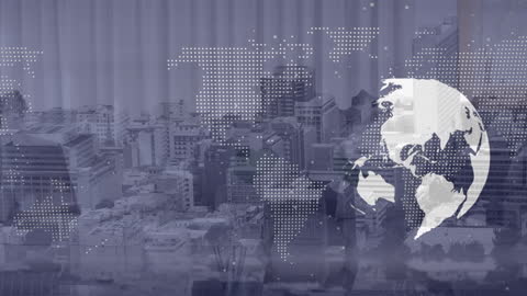 Digital Globe Overlay on Urban Skyline Depicting Global Connectivity