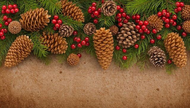 Rustic pine cone and fir garland with red berry clusters for seasonal kraft paper background