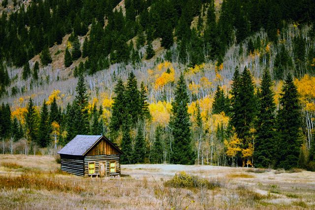 Rustic cabin surrounded by a colorful autumn forest featuring vibrant fall foliage. Ideal for use in promoting travel destinations, nature retreats, peaceful getaways, or seasonal greeting cards.